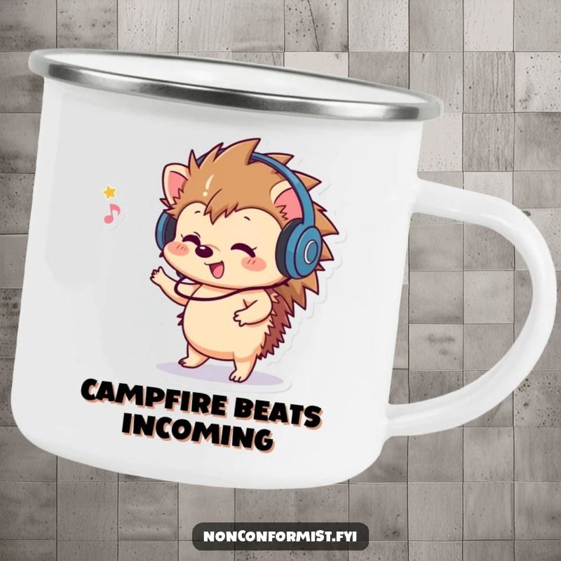 Funny Hedgehog Camping Mug: A playful hedgehog wearing headphones, dancing outdoors, your musical companion.