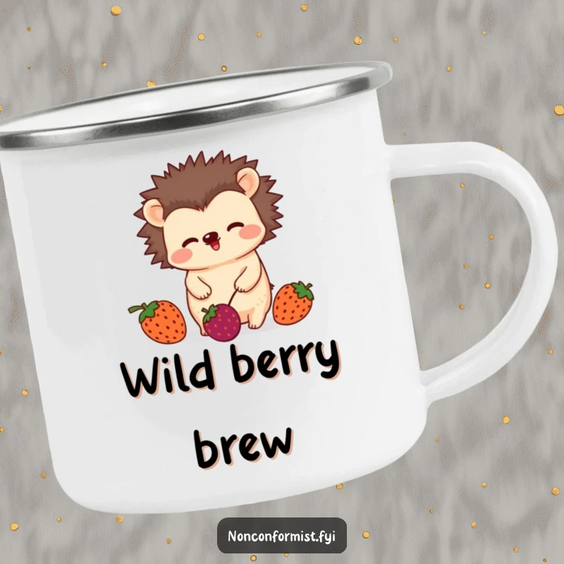 Funny camping mug with an unconventional hedgehog character wiggling playfully while juggling three mismatched berries, for outdoor enthusiasts.