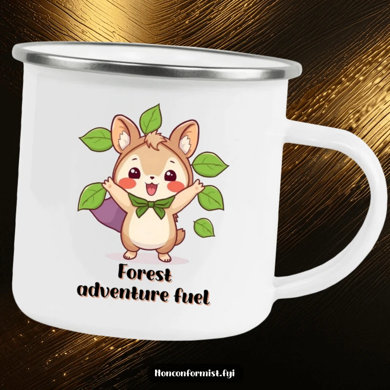 Funny camping mug showing a small animal character wearing an exciting cape made of leaves, ready for wilderness adventures.