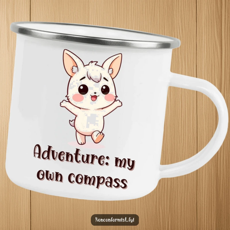 Funny Camping Mug: Character with mismatched ears, marching happily in the wrong direction, perfect for outdoor humor.