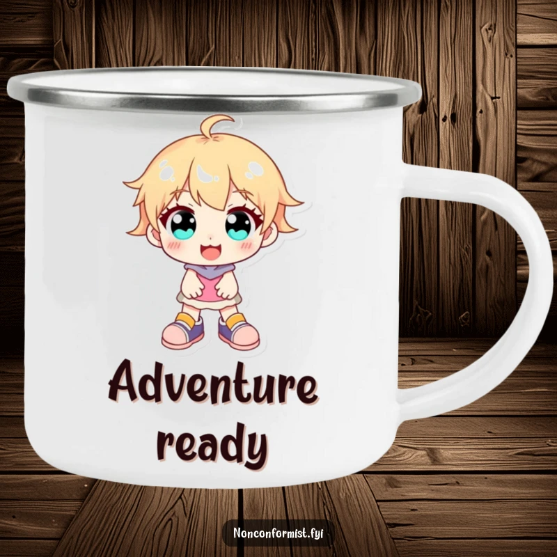Funny character with bright eyes, a cheerful smile, and mismatched shoes on a durable camping mug, ready for the outdoors.