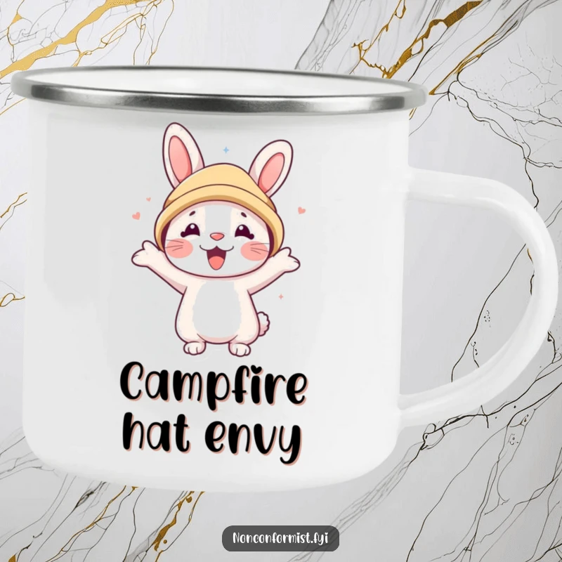 Funny camping mug featuring a cute rabbit character enthusiastically donning a bear hat, ready for outdoor fun.