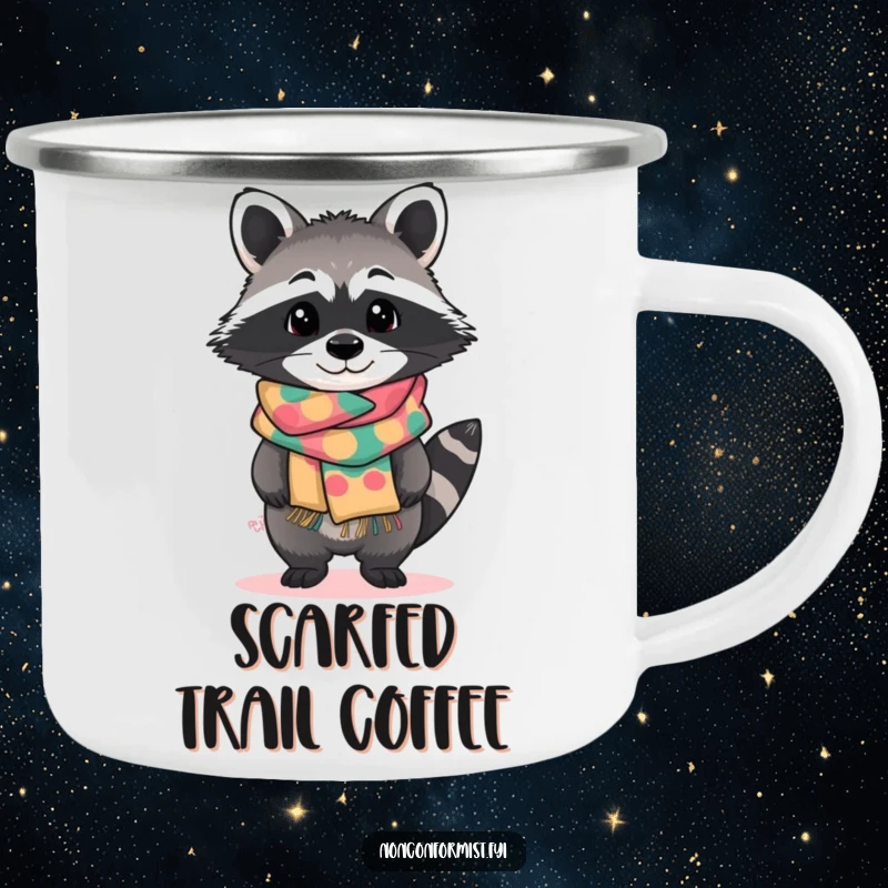 Funny camping mug with a standout raccoon character tilting curiously, wearing a brightly patterned handmade scarf, for outdoor enthusiasts.