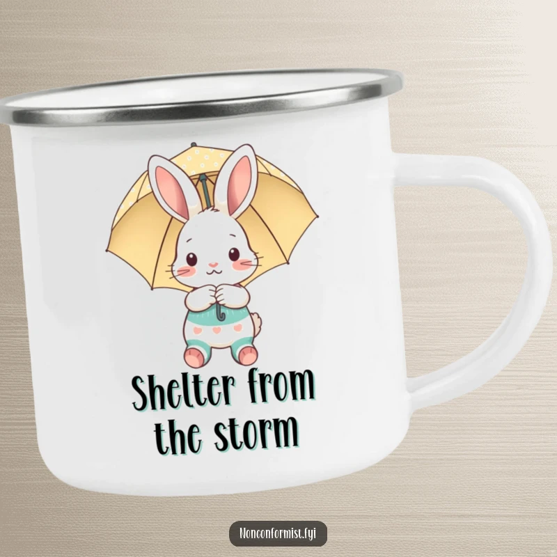 Funny camping mug with a shy bunny, mismatched socks, and umbrella, great for outdoors and a funny gift.