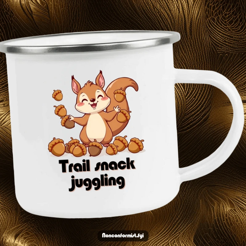 Funny camping mug featuring a cheerful squirrel character juggling acorns of various sizes, ideal for outdoor humor.