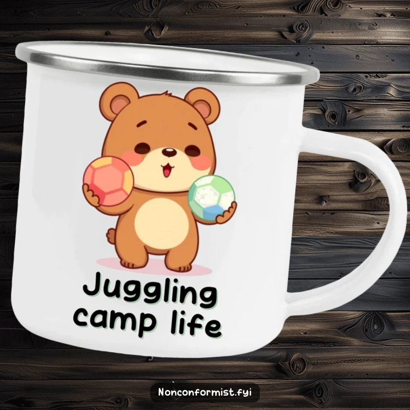 Funny cute bear character on a camping mug, hilariously juggling three colored balls, ready for outdoor escapades.