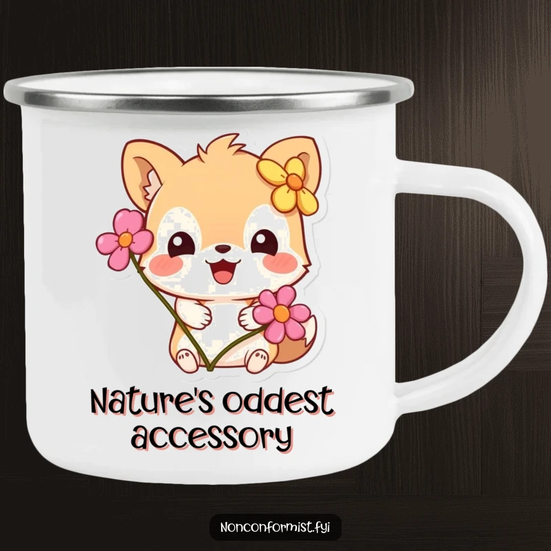 Funny Camping Mug: A cute animal character hilariously wearing a flower on its ear, perfect for outdoor humor and warm drinks.