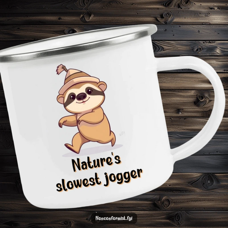 Durable camping mug with a funny sloth wearing a hat, comically speed walking, outdoor adventure.