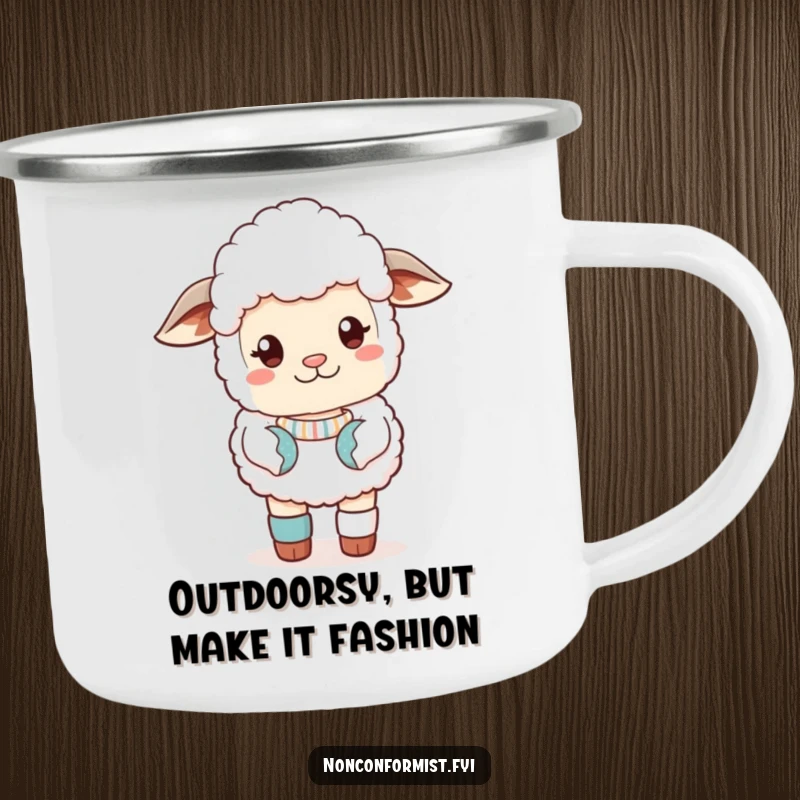 Funny Camping Mug featuring a cute sheep in a sassy pose with mismatched socks, ready for outdoor adventures.