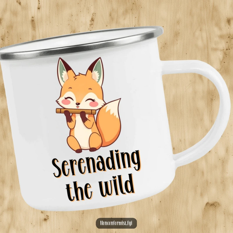 Funny camping mug featuring a happy fox playing a flute with its tail, perfect for outdoor musical enjoyment.