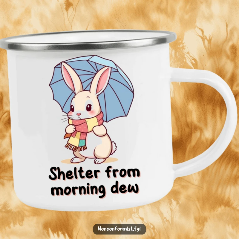Funny Rabbit Camping Mug: A rabbit with a patchwork scarf and umbrella, ready for campfire coffee or tea, a humorous outdoor essential.
