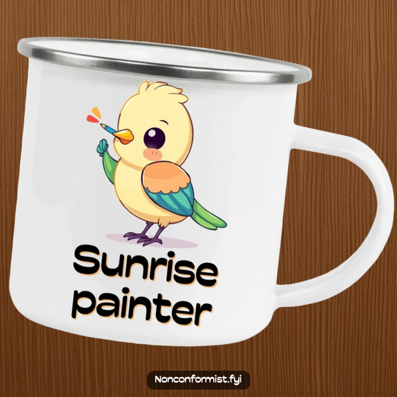 Funny bird camping mug showing a colorful character painting a stripe onto its own wing, perfect for creative campers.