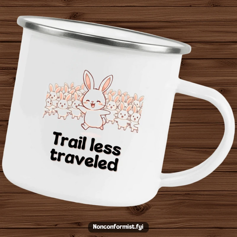 Funny rabbit camping mug showing a joyful rabbit hopping away from a flock.