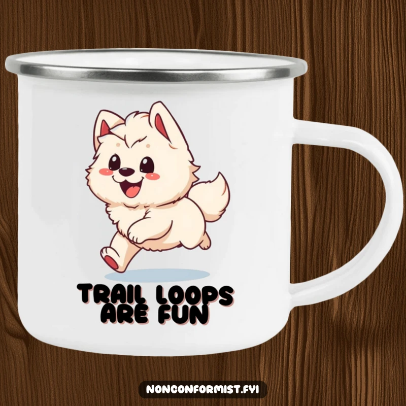 Funny Camping Mug: A happy, fluffy dog character joyfully spinning after its tail, perfect for outdoor humor and warm drinks.