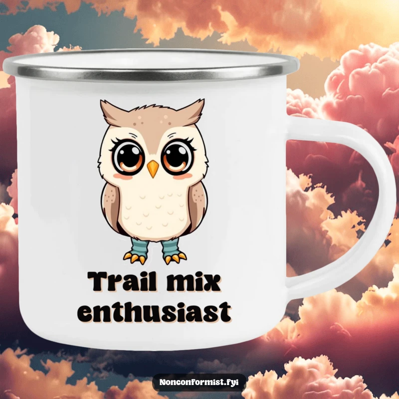 Funny owl camping mug with a cute owl wearing mismatched socks, a questioning look, outdoor gear.