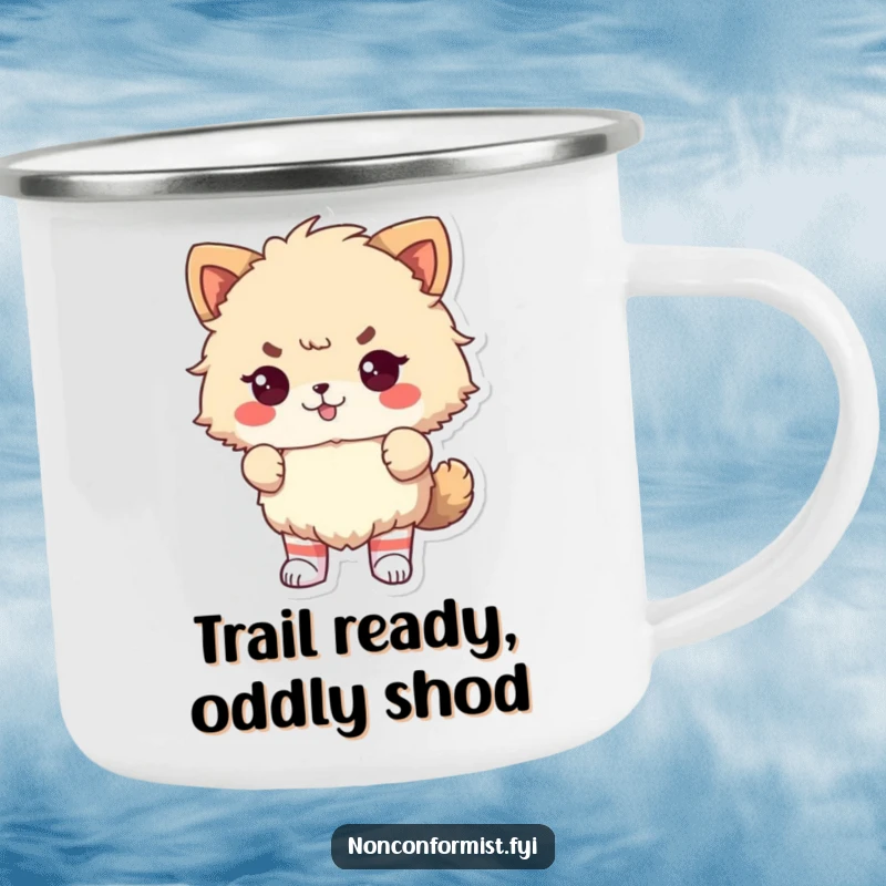 Funny Camping Mug: Fluffy animal with odd socks, looking proudly defiant on a durable mug for outdoor fun.