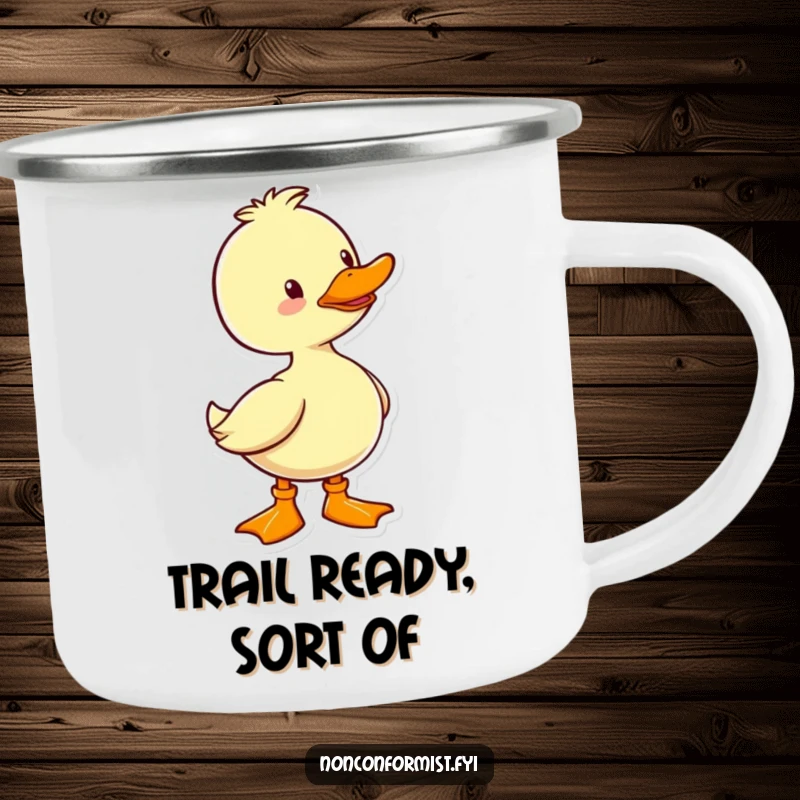 Funny Duck Camping Mug: A cheerful duck wearing a single, brightly colored boot, ready for outdoor fun.