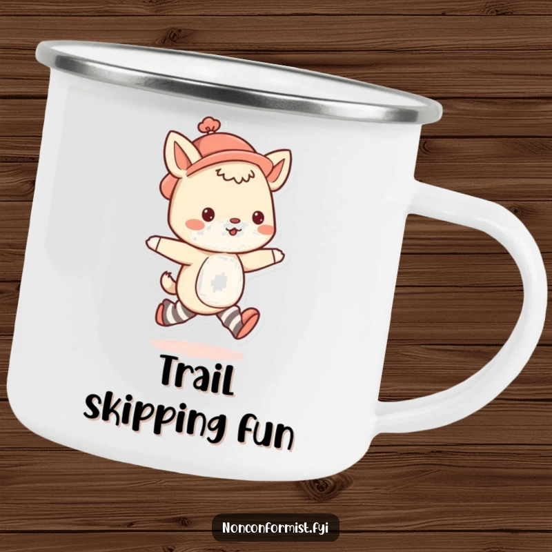 Funny animal camping mug showing a cute character with mismatched socks and a quirky hat, skipping with enthusiasm.