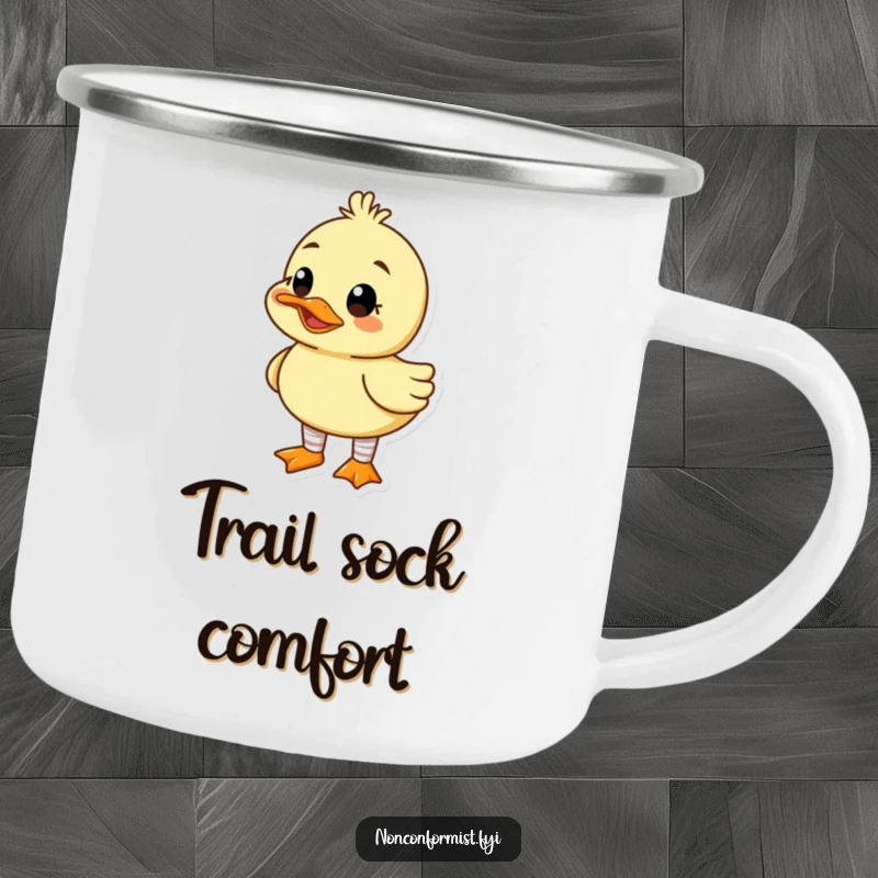 Funny camping mug featuring a cute duck character wearing mismatched socks and a goofy grin, ready for outdoor fun.