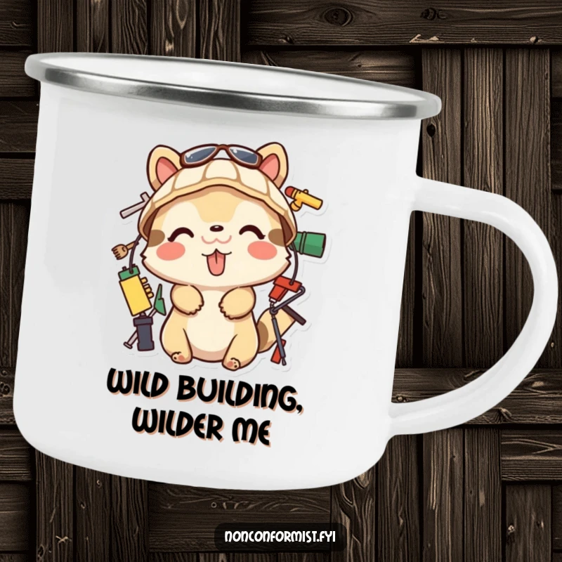 Funny Camping Mug with a playful animal tongue out, building with random objects. Rugged and humorous funny gift.