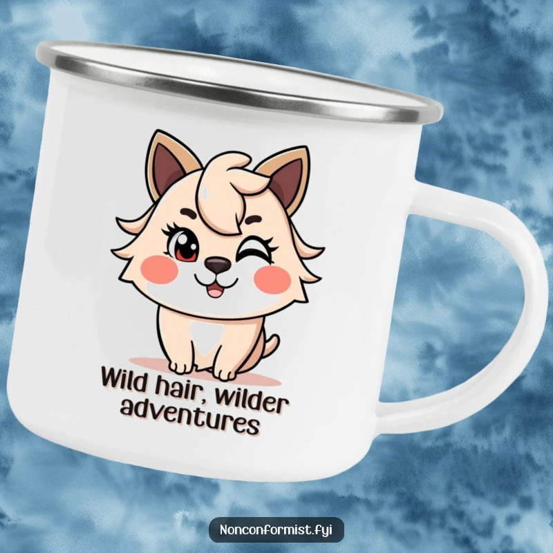 Funny Camping Mug with a cheerful animal winking and an asymmetrical haircut. Built for adventure and humor. Great funny gift.
