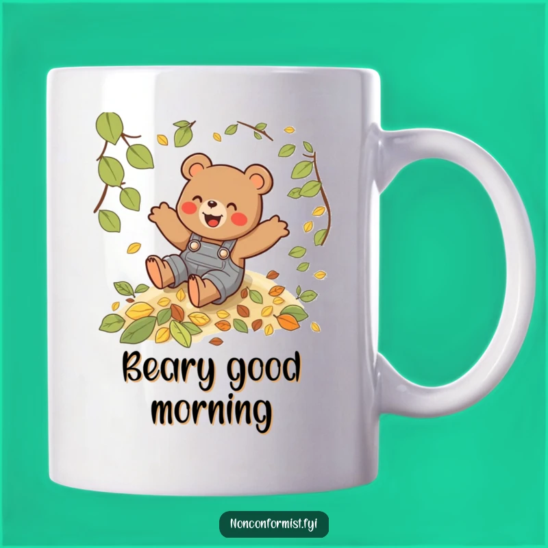 Funny Bear Leaf Slide Mug - Playful Autumn Fun - Humorous Gift