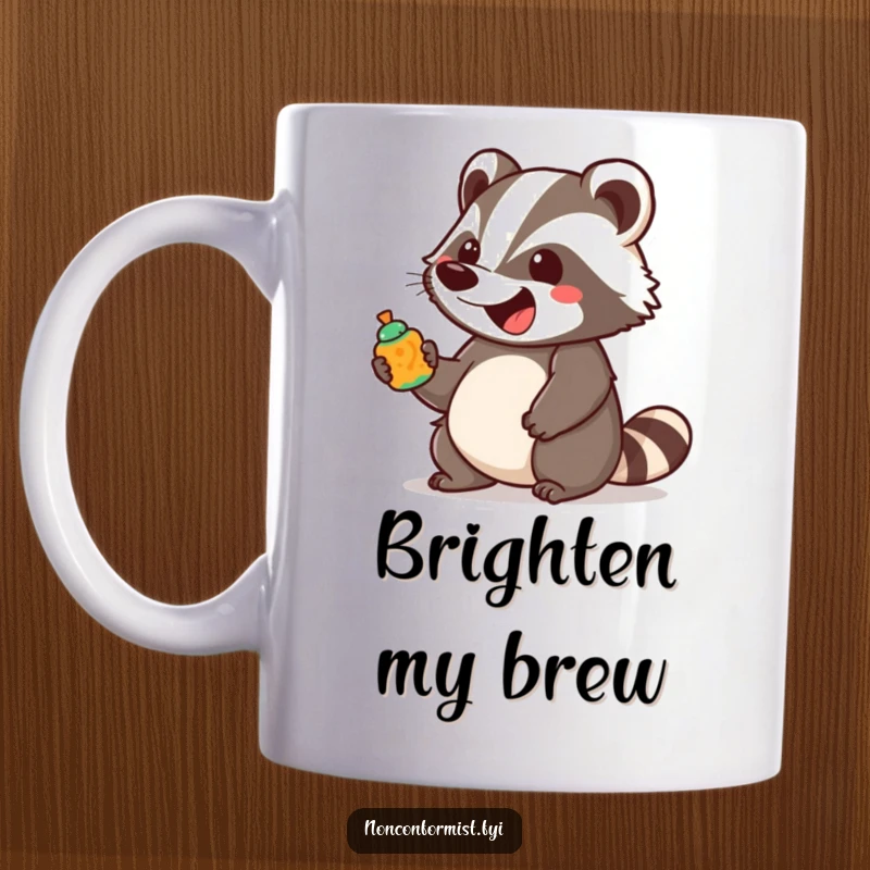 Funny unique badger character in an excited bounce, holding a brightly colored, unusual object on a cheerful coffee mug.
