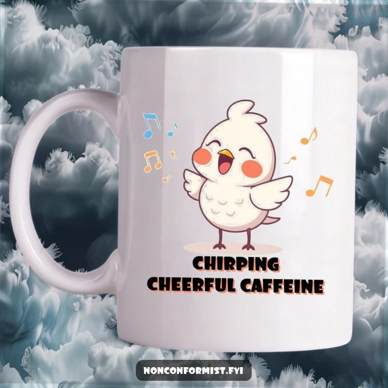 Funny Cute Bird Mug: A charming bird character is joyfully singing a song with a distinct, quirky rhythm, radiating happy musical vibes.