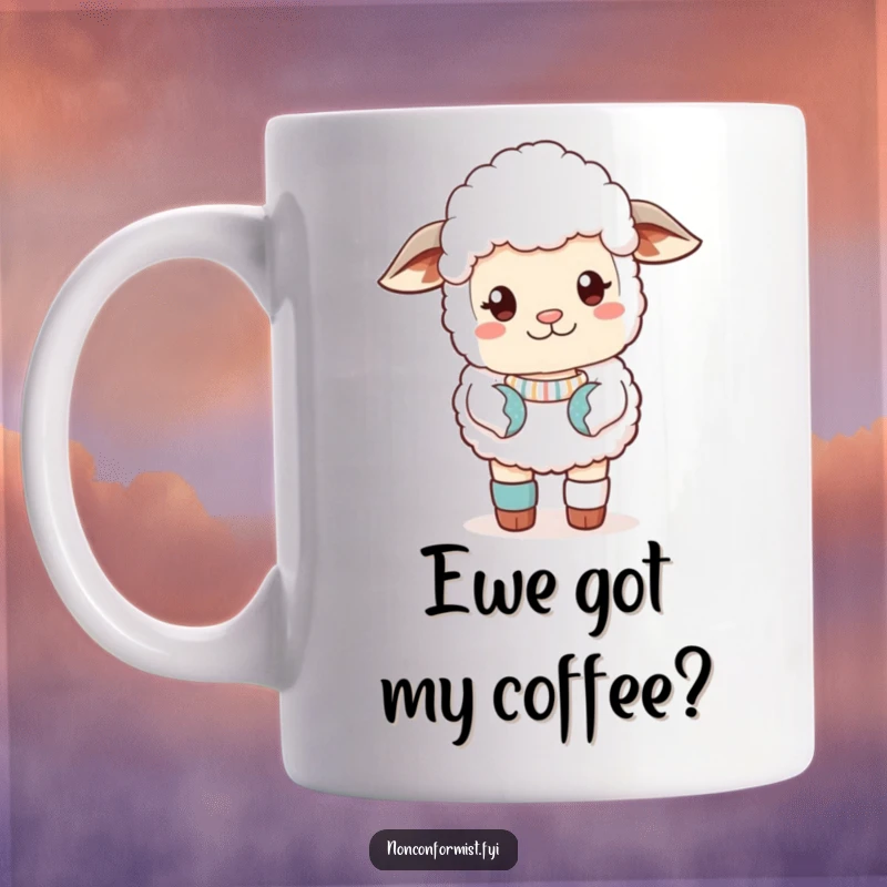 Funny Mug featuring a cute sheep in a sassy pose, wearing mismatched socks, exuding confidence and quirky style.