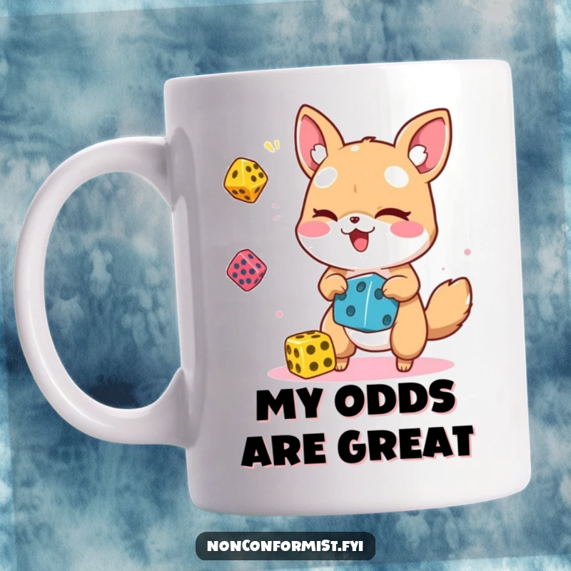 Funny animal character winking and playfully juggling colorful dice, perfect for a humorous coffee mug gift.