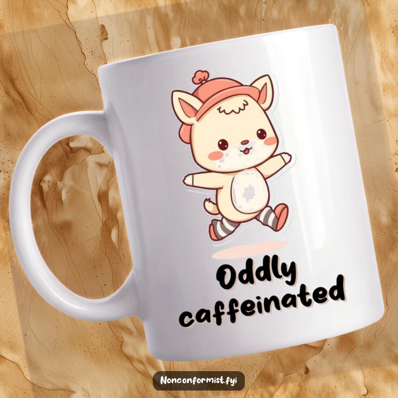 Funny animal mug featuring a cute character in mismatched socks and a quirky hat, joyfully skipping with delight.