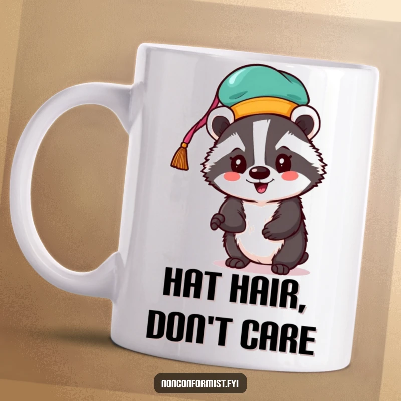 Funny badger mug featuring an enthusiastic badger wearing a brightly colored, unconventional hat.