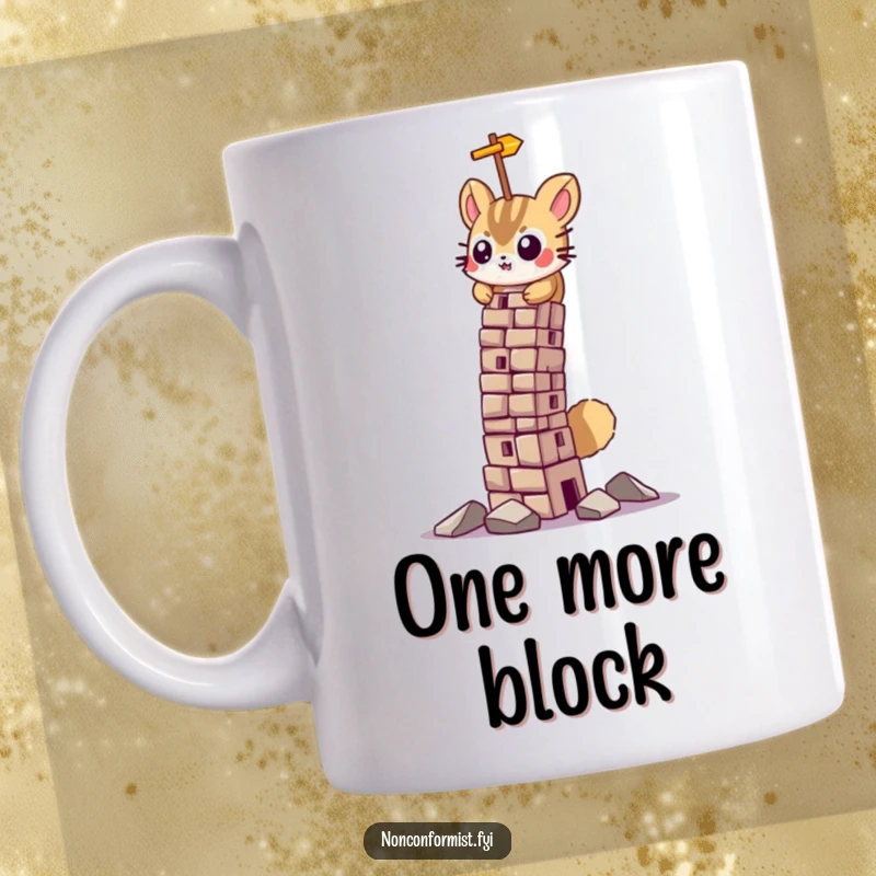 Funny mug showing a small mouse with a determined expression, precariously building a leaning tower, symbolizing effort.