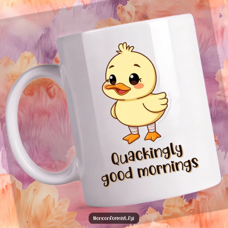 Funny mug showing a cute duck character wearing mismatched socks and sporting a wide, goofy grin, radiating cheerful absurdity.