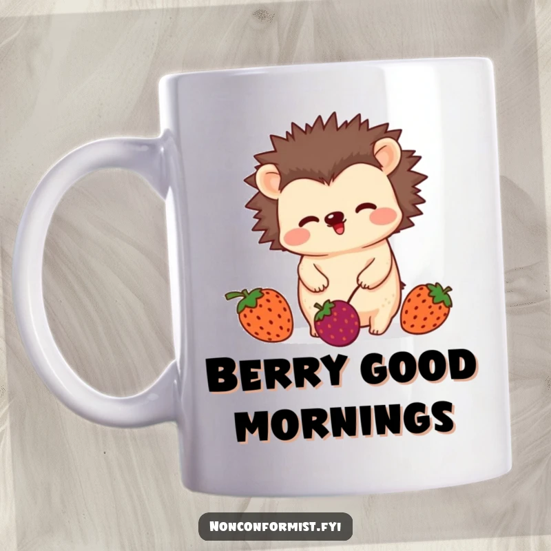 Funny mug with an unconventional hedgehog character playfully wiggling while juggling three mismatched berries, showcasing quirky talent.
