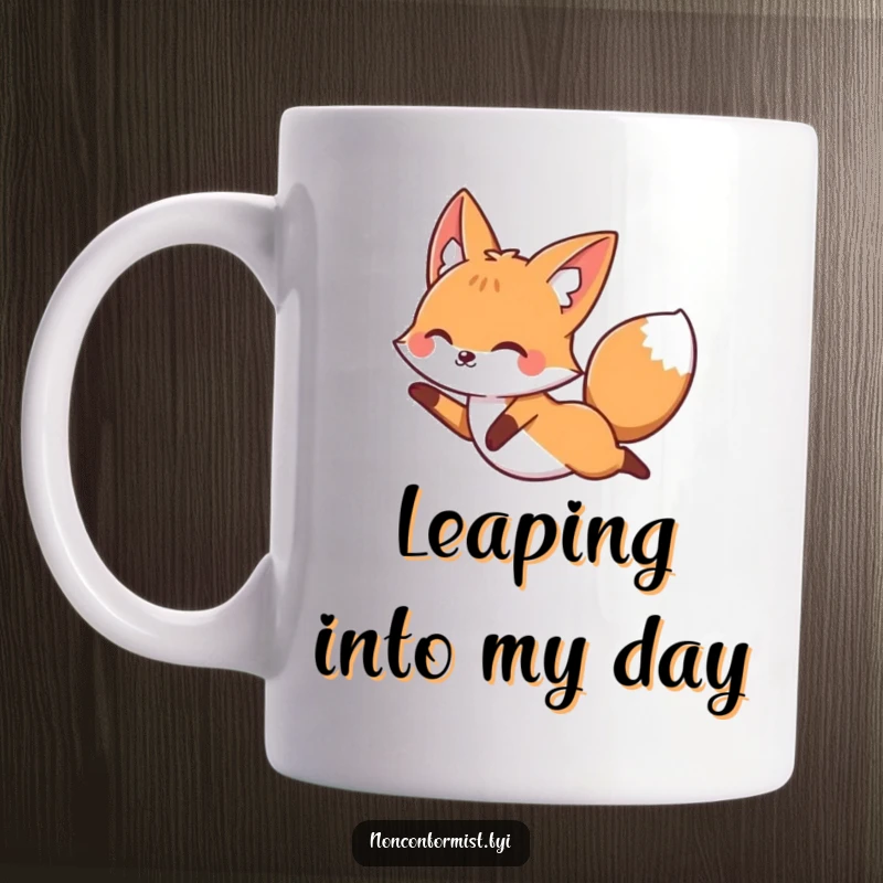 Funny fox character on a mug, mid-leap, joyfully soaring over a straight, perfectly formed line, embodying freedom.