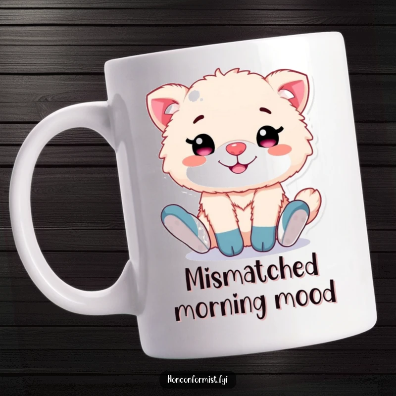Funny mug featuring a cute, fluffy animal character grinning proudly while wearing two completely different, mismatched socks on its feet.