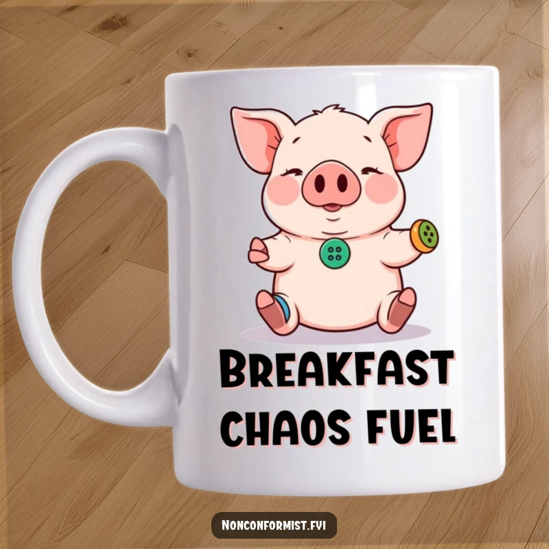 Funny Pig Mug: A determined pig juggles three tiny, mismatched buttons, offering humor and a perfect funny gift.