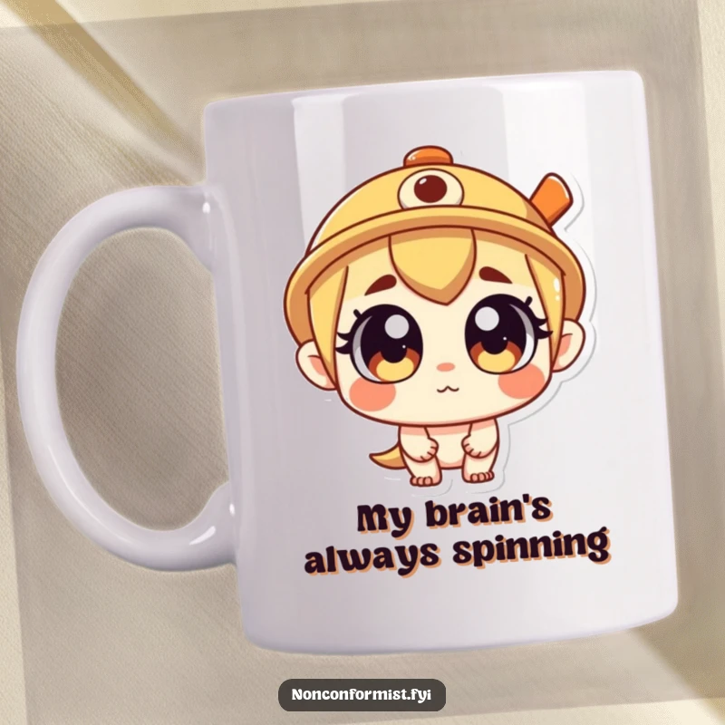 Funny Mug featuring a curious character with wide eyes and a spinning propeller hat, looking playfully adventurous. Ideal for a quirky gift.