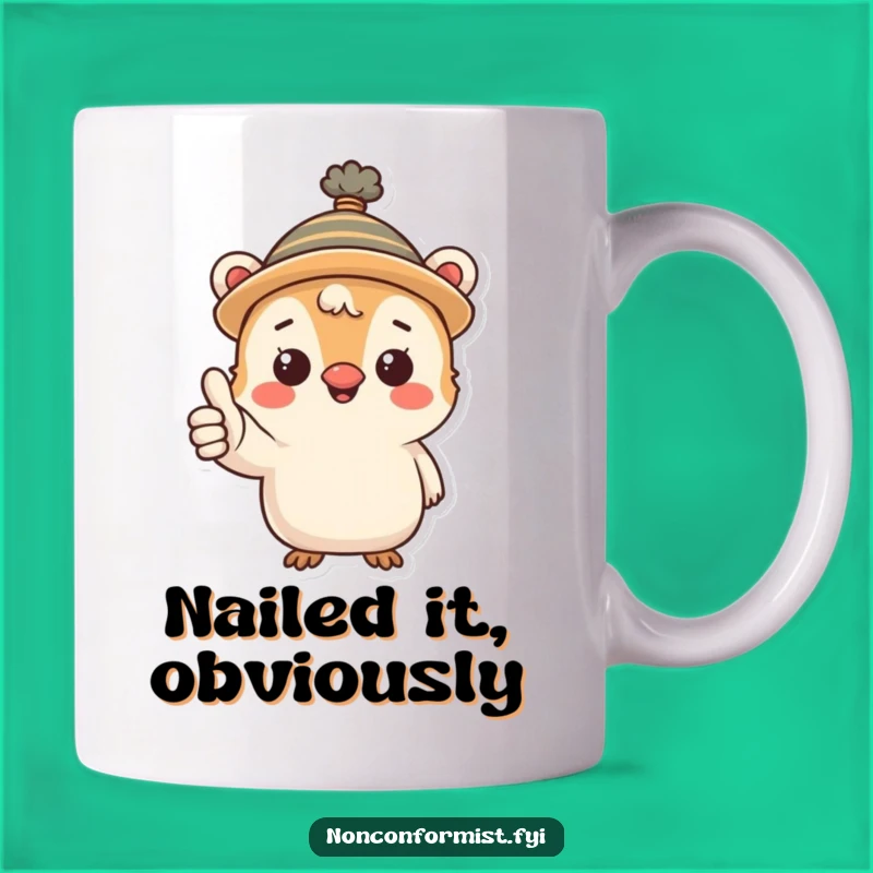 Funny Quirky Hat Creature Mug: Thumbs up cheerfulness, perfect happy gift for anyone.