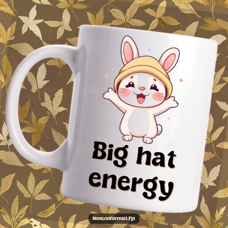 Funny mug with a cute rabbit enthusiastically wearing an oversized bear hat, radiating joyful silliness and charm.