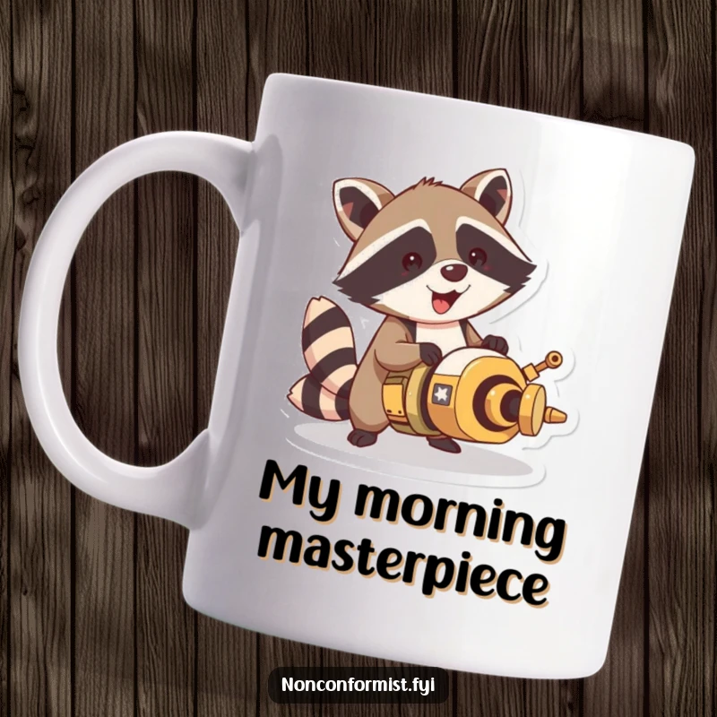 Funny raccoon character on a mug, excitedly building a bizarre, unique contraption with gears and wires, showcasing mad scientist energy.