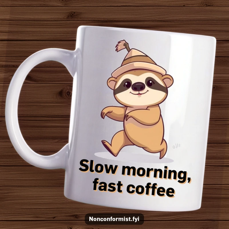 Funny sloth in a lopsided hat attempting to speed walk, humorously fast for a sloth, mug.
