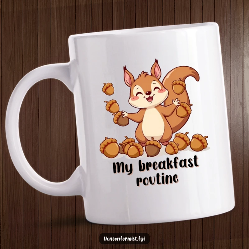 Funny mug featuring a cheerful squirrel character hilariously juggling acorns of incredibly varied sizes in a comical display.