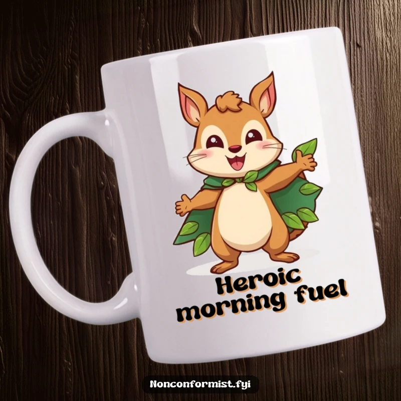 Funny Squirrel Mug featuring a happy squirrel character wearing a cape made of leaves, striking a heroic pose with woodland charm.