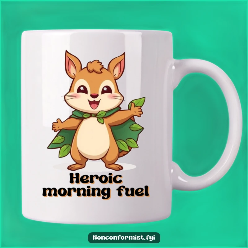 Funny Squirrel Mug: Leaf Cape Hero, Forest Pose, Perfect Funny Gift for Heroic Nut Lovers