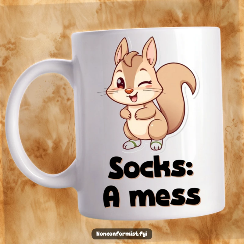 Funny mischievous squirrel character winking and wearing mismatched socks, featured on a fun and witty coffee mug.