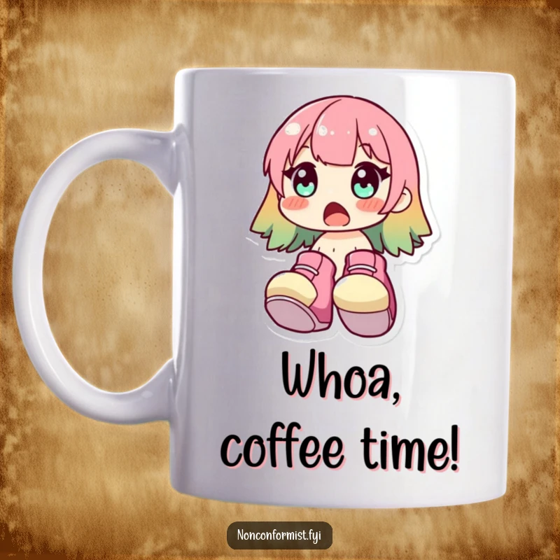 Funny Mug showing a cute character gasping in surprise, wearing comically large, bright shoes. A humorous and charming funny gift.