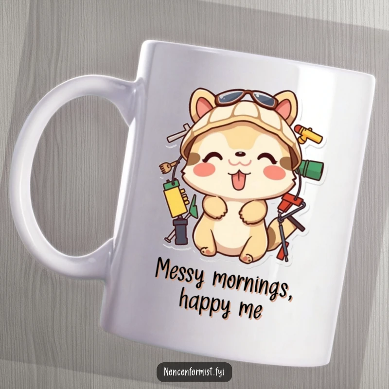 Funny Mug showcasing a playful animal with its tongue out, busy building with random objects. A hilarious and creative funny gift.