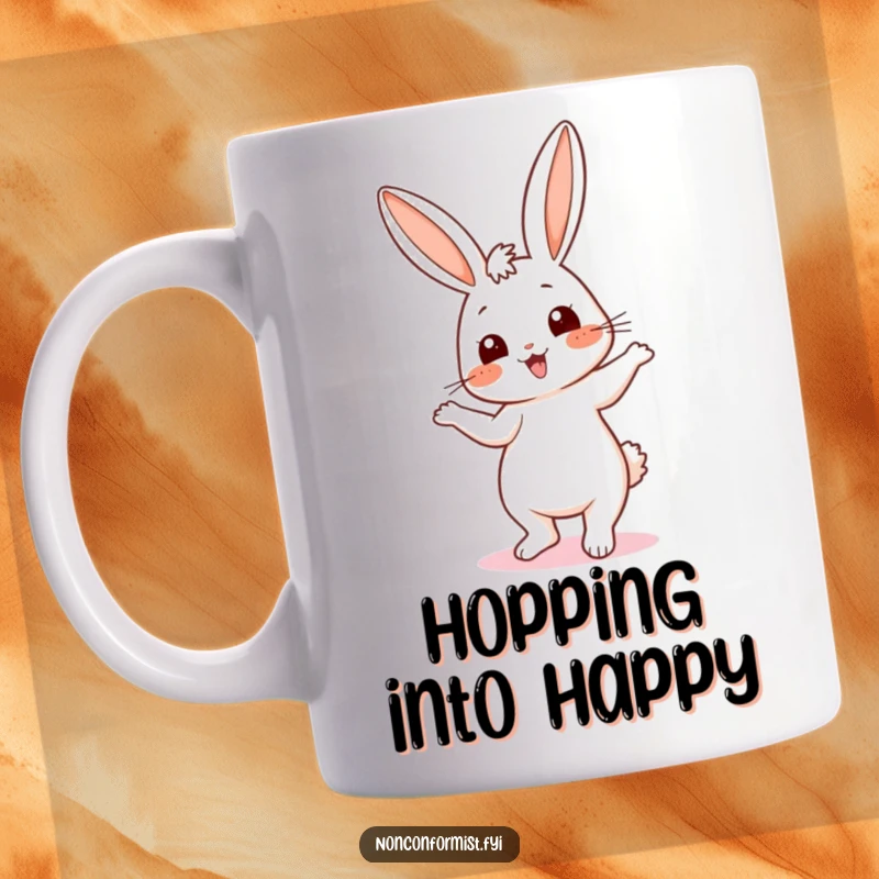 Funny mug featuring a cute bunny doing a silly dance with one ear up and one ear down, exuding pure happiness.